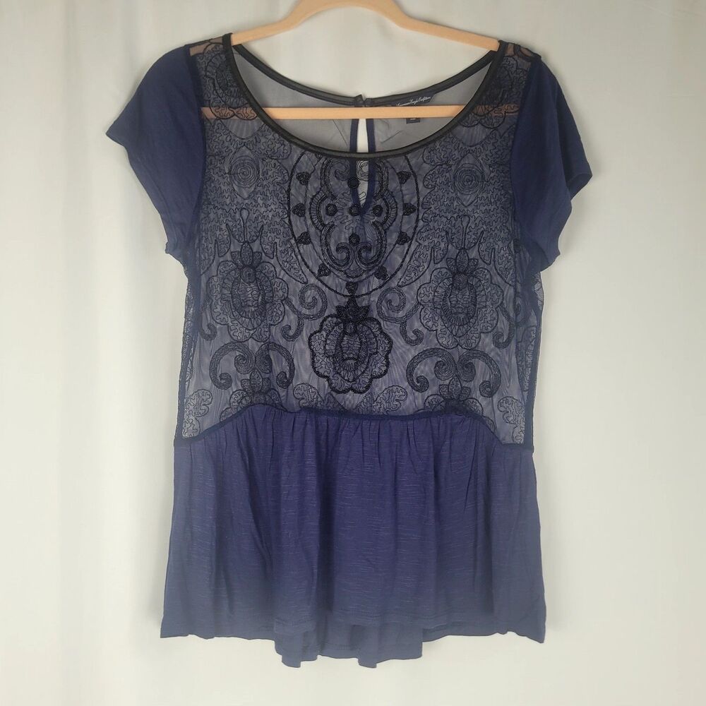 American Eagle Blouse Womens Size Large Sheer And Beaded Peplum Skirted Hem Navy